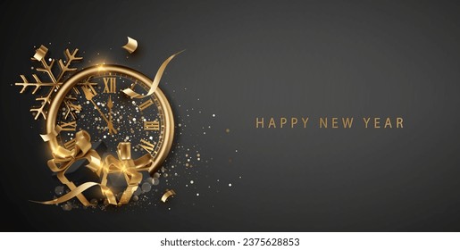 New Year clock. Holiday greeting card Christmas poster, xmas night celebrate time countdown vector illustration