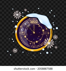 New Year clock illustration, vector winter holiday gold watch, festive celebration countdown concept. Magic midnight illustration, snow drift, snowflakes transparent background. New Year clock clipart