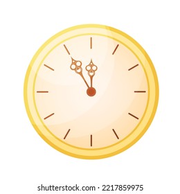 New Year clock isolated. Flat vector illustration. New year countdown symbol. Shiny golden clock showing midnight on dial.