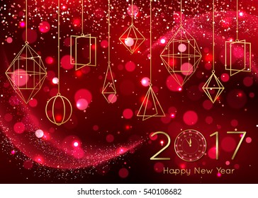 New Year clock on red background. Vector illustration