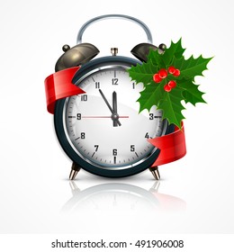 New Year clock on white with holly berry branch. Marry Christmas elements. Vector illustration
