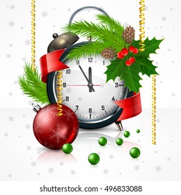 New Year clock on white with holly berry branch Christmas. Time. Vector illustration