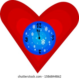 new year clock red heart with a bright blue dial and patterns of snowflakes concept christmas and winter holidays object on a white background