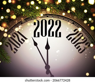 Reloj de año nuevo que muestra 2022 con ramas de abeto y luces de bokeh. Ilustración vectorial de vacaciones.
