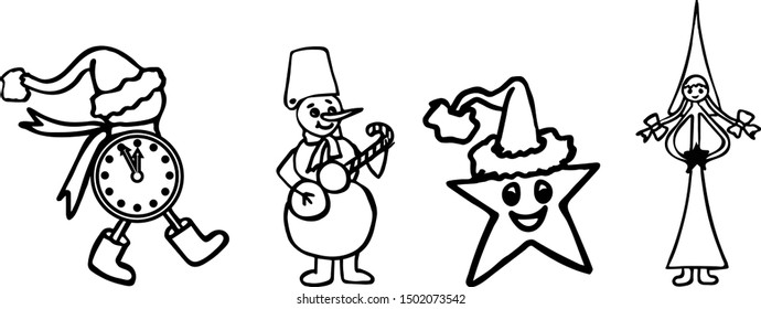 New year clock, snowman. Hand-drawn stars. On white isolated background. Congratulatory design. Vector illustration
