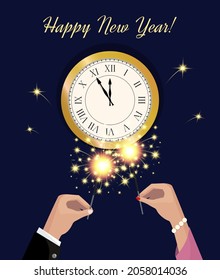 New year clock and sparkler in hand. Happy New Year poster or card with Bengal fire. Flat vector illustratoin.