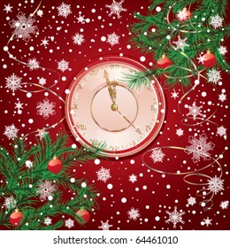New Year Clock and spruce branches with balls on a red background