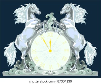 New Year clock with two horses, 5 minutes to 12.
