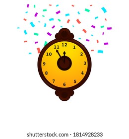 New year clock Vector illustration in flat design Isolated icon with wooden clock and bright confetti