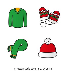 New Year clothes color icons set. Warm winter accessories. Green sweater and scarf, Santa Claus hat, children mittens. Isolated vector illustrations