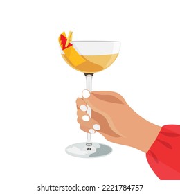 New Year cocktail in hand. Fresh cocktail with red wine and orange in hand. Vector illustration