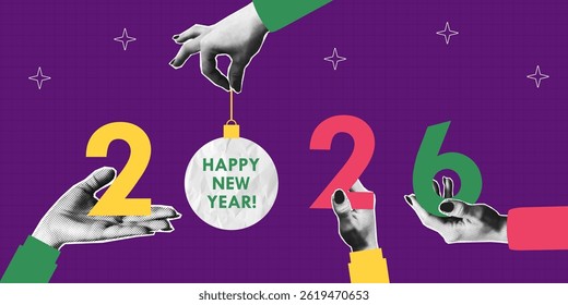 New Year collage banner. Collage hands with halftone effect holding numbers 2026 and cut paper Christmas tree ball. Design for cards, banners, posters and social media. Vector illustration.