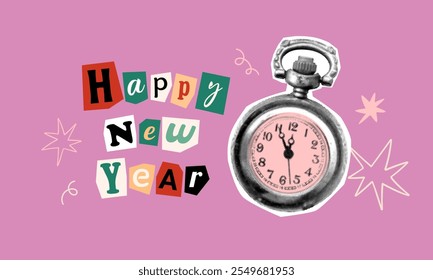 New Year collage with halftone vintage clock. Magazine cut out greetings. Christmas banner. Doodle stars and confetti. Simple vector illustration. Holiday background.