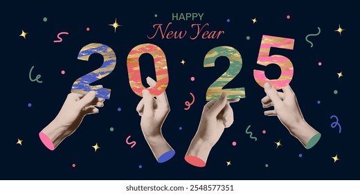 New year collage. Hands with trendy halftone effect holding numbers 2025. Vector design elements, greeting card, invitation, banner.