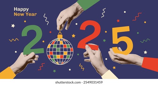 New year collage. Hands with trendy halftone effect holding numbers 2025 and disco ball. Vector design elements, greeting card, invitation, banner.