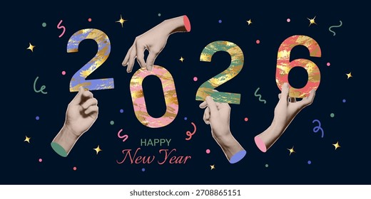 New year collage. Hands with trendy halftone effect holding numbers 2026. Vector design elements, greeting card, invitation, banner.