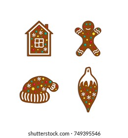 New year collection. Christmas gingerbread house, man, hat, toy. Vector illustration.