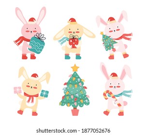 New year collection happy baby rabbits in Santa hat with a Christmas tree, gifts, and a candy cane. Christmas funny cartoon animals. Cute bunnies having fun on winter holiday. Vector flat illustration