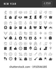 New Year. Collection of perfectly simple monochrome icons for web design, app, and the most modern projects. Universal pack of classical signs for category Holidays.