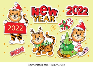 New Year collection of stickers with tigers. Chinese symbol of the year 2022. Vector cartoon illustration