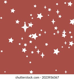 New Year Color Four-pointed Chaotic Sky Ornament. Mystery Christmas Snow Retro Santa Wallpaper. White Bright Red Winter Night Illustration. Print Magic Stars Holiday Sharp Composition.