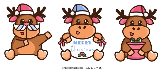 New Year color line icons. Set of Christmas reindeers. Cartoon funny deers in santa hat with festive banner, presents, santa mustache. Hand drawn doodle elements. Christmas stickers. Vector 