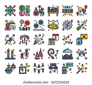 iconos vectoriales de esquema de color de año nuevo