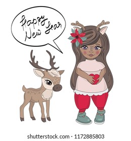 New Year Color Vector Illustration Set NEW YEAR GIRL for Scrapbooking and Digital Print on Card and Photo Children’s Albums