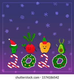 New year colorful card with funny characters - veggies. Cartoon style illustration with number 2020. Nice design for food theme, cooking, healthy lifestyle. Purple gradient background. Smiling friends