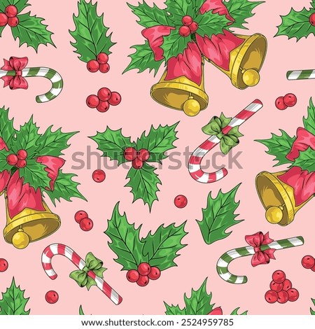 New Year colorful pattern seamless with Christmas holly and candy canes in shape cane near bells with bows vector illustration