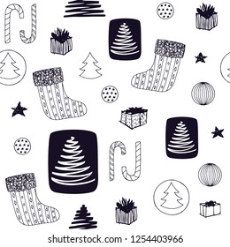 New Year colorful seamless pattern with christmas stocking, candy, christmas tree, balls ang gifts. Hand drawn vector design elements. Cute sweet doodle vector background. Black and white isolated