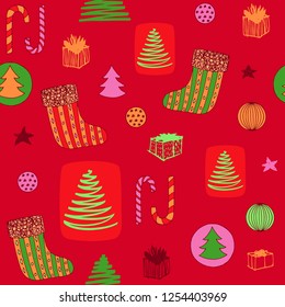 New Year colorful seamless pattern with christmas stocking, candy, christmas tree, balls ang gifts. Hand drawn vector colored design elements. Cute sweet doodle vector background