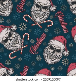 New Year colorful vintage seamless pattern with scary Santa Claus with sweet Christmas candies for horror party vector illustration
