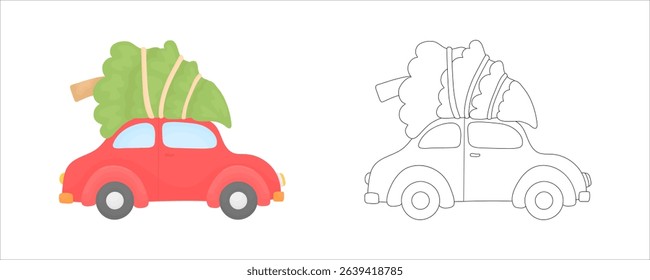New Year coloring page for children with a car carrying a Christmas tree.
