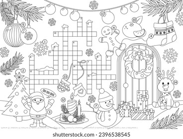 New Year coloring page for kids. Christmas crossword, english word puzzle. Educational worsheet for children with santa, snowman, baubles, reindeer, garland, stocking, fir, wreath, mittens