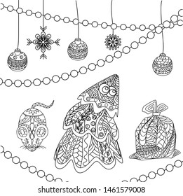 New Year coloring pattern for adults and children anti-stress coloring. Christmas tree, a bag with padarkami, Christmas-tree decorations. Seamless mehndi vector pattern hand made illustration. Black 