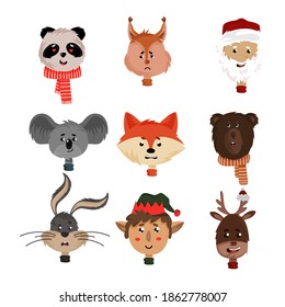 New Year Comic Characters Heads with Elf and Animals Vector Set. Funny Stickers of Cartoon Faces with Emotions