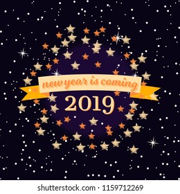 New year is coming. 2019. Postcard.