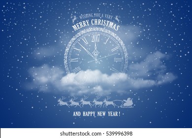 New Year is coming. Circle clock with inscription Merry Christmas and Happy New Year and 2017 digits in the clouds on winter night sky. Vector illustration.