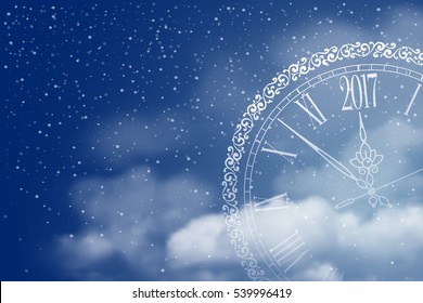 New Year is coming. Circle clock with inscription Merry Christmas and Happy New Year and 2017 digits in the clouds on winter night sky. Vector illustration.