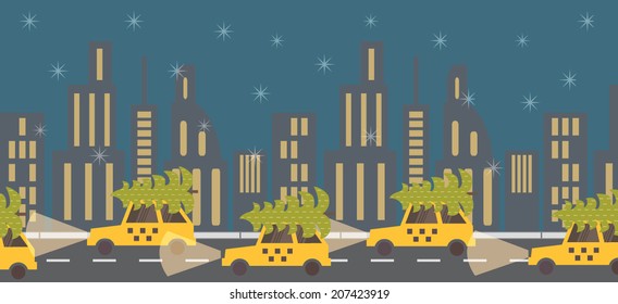 New Year coming, green tree on yellow taxi. Night street view. Vector illustration