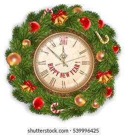 New Year is coming. Vintage clock with inscription Happy New Year and 2017 digits decorated holiday traditional wreath from spruce branches and Christmas decorations. Isolated vector illustration.