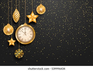 New Year is coming. Vintage golden clock with 2017 digits and christmas decorations. Golden glitters on background. Luxury vector design.