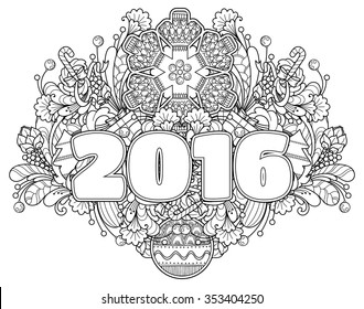 New Year composition 2016 in doodle style. Floral, ornate, decorative, tribal, New Year design elements. Black and white background. Christmas tree, candy, snowflake, bow. Zentangle coloring book page