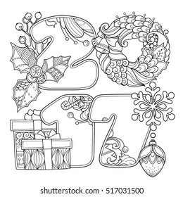 New Year composition 2017 in doodle style. Floral, ornate, decorative, tribal, New Year design elements. Black and white background. Christmas wreath, decor, snowflake. Zentangle coloring book page