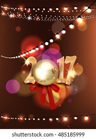 New year composition with ball, silk bow, gold numbers and garland of lights