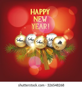 New year composition with balls, reindeer, fir tree and silk bow