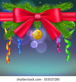 New year composition with bow, fir branches and Christmas ball on blurred background