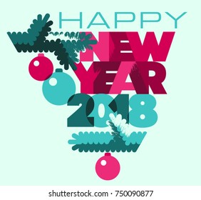 New Year composition with christmas tree branches and balls. Flat style vector illustration.