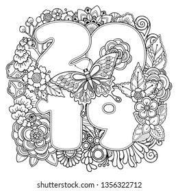 New Year composition in doodle style. Floral, ornate, decorative, tribal, design elements. Black and white background. Flowers, leaves, butterfly. Zentangle coloring calendar 2019